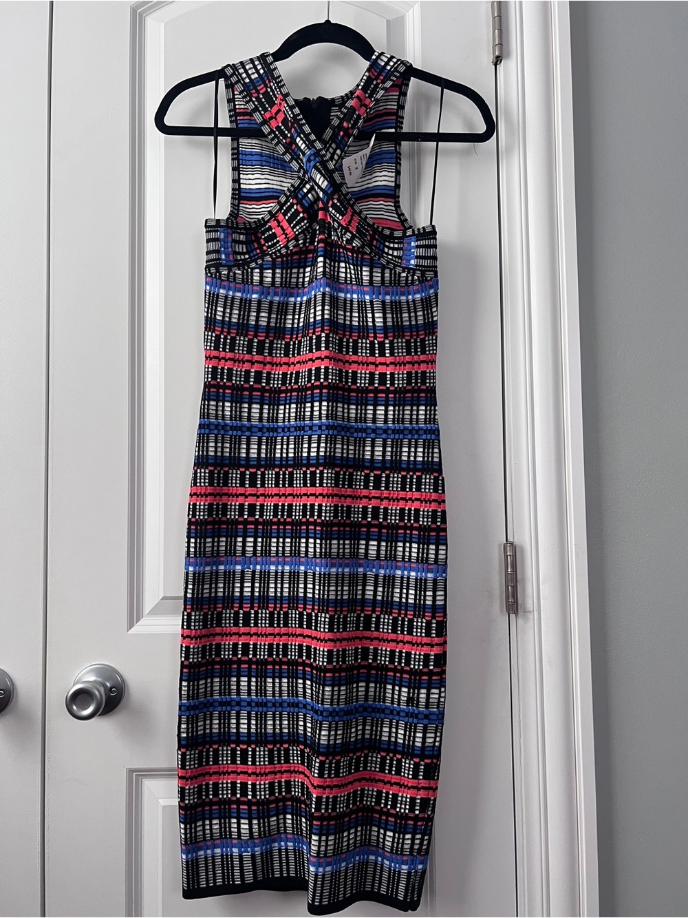 Windsor Striped Midi Bodycon Dress in Black, White, Blue & Coral